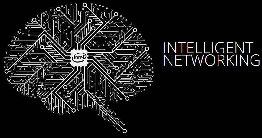 A clipart of a human brain, with a clipart of Intel chip in the center, and text on the right reading as Intelligent Networking